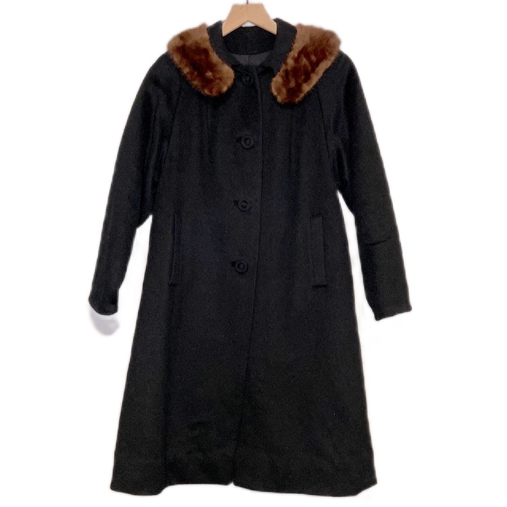 Vintage Alpaca Long Black Coat with Fur Trim Button Down Pea Coat Medium Wool